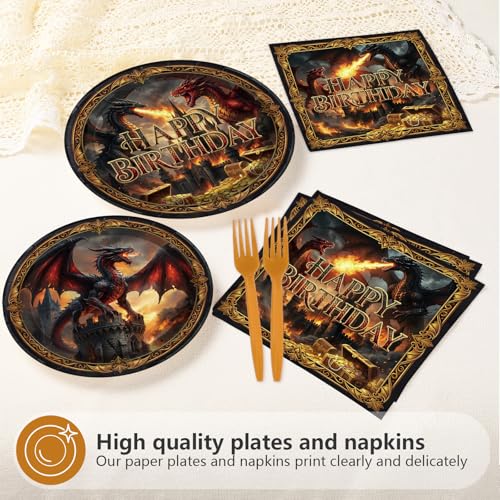 96 Pcs Dragon Themed Birthday Party Decorations, Serves 24 | Medieval Fire Dragon Castle Plates and Napkins Fantasy Knight Theme Tableware Set for Boys Man Girls Party Supplies - style: Treasure Western Dragon Plates m