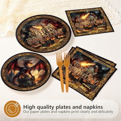 96 Pcs Dragon Themed Birthday Party Decorations, Serves 24 | Medieval Fire Dragon Castle Plates and Napkins Fantasy Knight Theme Tableware Set for Boys Man Girls Party Supplies - style: Treasure Western Dragon Plates m