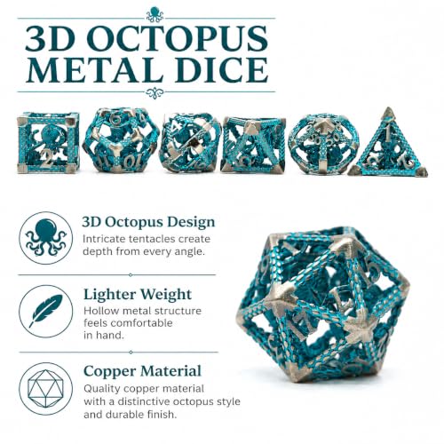 Hollow Cthulhu Metal Dice Set,7-Piece RPG Dice,Sliver Blue | Lightweight Copper Dice,Easy-To-Read Numbers,a Gift Box and Velvet Bag for RPG Play,Gifting and Collecting. - color: Cthulhu Blue