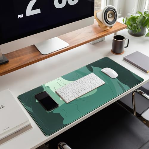 Cute Green Cat Desk Mat Extended Mouse Pad Large Gaming Mousepad XL Long Desk Pad Minimalist Laptop Keyboard Pad Deskmat Deskpad Desktop Mouse Mat Big 31.5"x11.8" with Stitched Edges - color: Green Cat