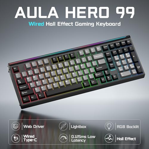 AULA Hero 99 Wired Gaming Keyboard, Hall Effect Keyboard with Rapid Trigger Mode, Hot Swappable Magnetic Switch Keyboard with Number Pad, Web Driver,RGB Backlit Mechanical Keyboard for Office PC Gamer - color: Black Gray