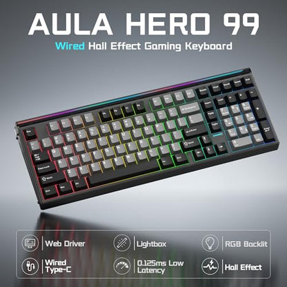AULA Hero 99 Wired Gaming Keyboard, Hall Effect Keyboard with Rapid Trigger Mode, Hot Swappable Magnetic Switch Keyboard with Number Pad, Web Driver,RGB Backlit Mechanical Keyboard for Office PC Gamer - color: Black Gray