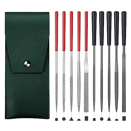 5pcs Mini Diamond Needle Files and 5pcs Mini Steel Needle Files,Packed in Synthetic Leather Case,for high Precision Sanding Work on Wood,Plastic,Metal and Jewelry Carving - color: Red and Black
