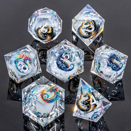 Roycevon Dragon Pattern Liquid Core DND Dice Set, 7Pcs Sharp Edge D&D Dice with Gift Box, White Resin Dungeons Dragons D and D Role Playing Dice D20 D12 D10 D8 D6 D4 - color: White