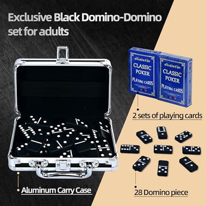 Doublefan Jumbo Black Double Six Dominoes for Adults, with Aluminum Case | 28 Black Jumbo Size Pieces, recessed markings, Carry Aluminum case, for 2-4 players, board game, Parent Gift choice