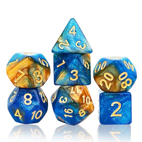 7Pcs Polyhedral DND Dice Set with Black Storage Bag(Blue&Gold+Nebula) | Classic dice set for RPG Polyhedral Dice for Dungeon and Dragons Playing Games 7-Die Set - color: Blue&gold+nebula Dice
