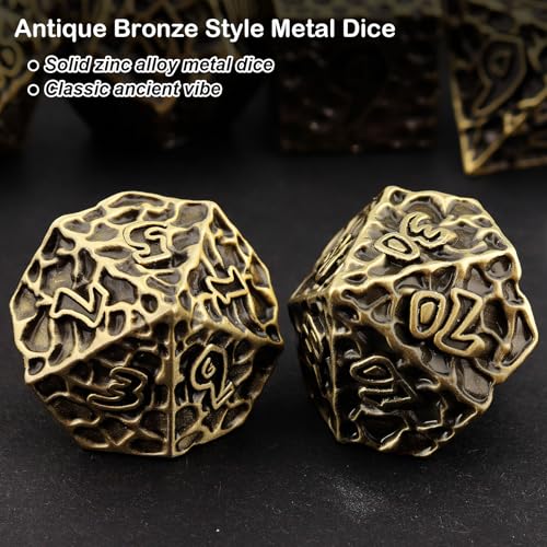 Haxtec Bronze Metal DND Dice Set Antique Polyhedral D&D Dice with Leather Dice Bag Compatible with Dungeons and Dragons Gift TTRPG Gamer Gifts for DND Lovers Masters - color: Antique Bronze