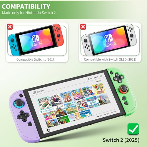 PAWDIARY Silicone Switch 2 Controller Grip Case, Frosted Protective Cover Skin for Nintendo Switch 2 Controller Handheld, [2 Pieces] Comfort Softshell and 2 Thumb Caps - Purple&Green - color: Purple-Green
