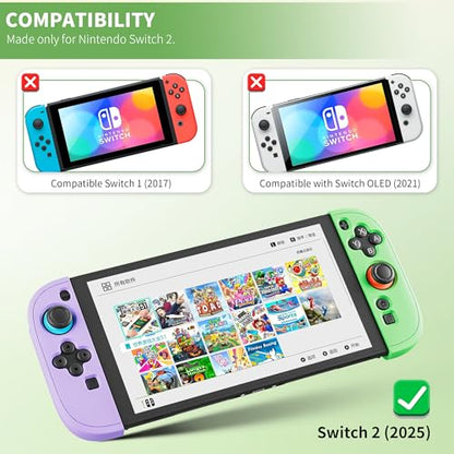 PAWDIARY Silicone Switch 2 Controller Grip Case, Frosted Protective Cover Skin for Nintendo Switch 2 Controller Handheld, [2 Pieces] Comfort Softshell and 2 Thumb Caps - Purple&Green - color: Purple-Green