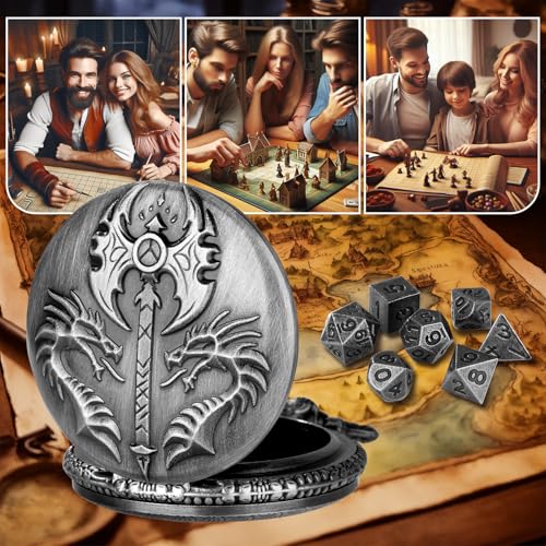 Mini DND Dice Set with Double Headed Dragon(Top Double-Sided Axe) Pocket Watch Case, 7-PCS Polyhedral Metal D&D Dice, DND Gifts with Gift Box, Role Playing Game Board Game Accessories Dice, Silver - color: Dark Silver
