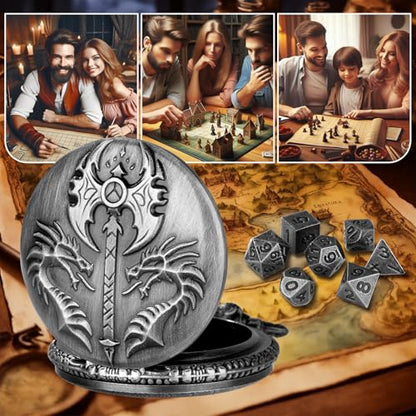 Mini DND Dice Set with Double Headed Dragon(Top Double-Sided Axe) Pocket Watch Case, 7-PCS Polyhedral Metal D&D Dice, DND Gifts with Gift Box, Role Playing Game Board Game Accessories Dice, Silver - color: Dark Silver