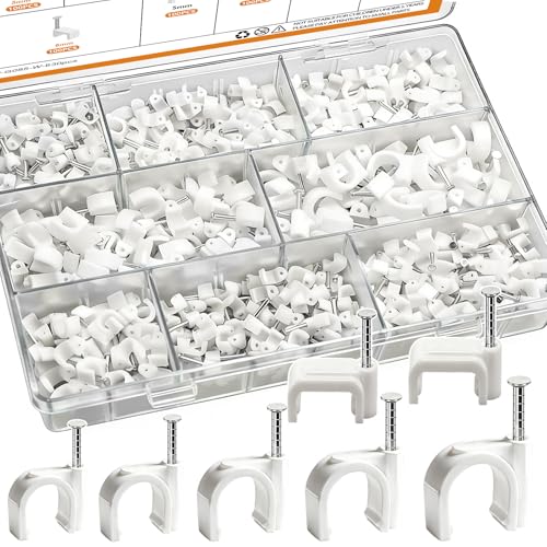 mankk 630PCS Steel Nail Cable Clips 4/5/6/8/10mm Round & 5/6mm Square | cable tacks for CAT6 RJ45 RG6 RG59 ethernet coax cords, white wall mounting clips - color: White-630PCS