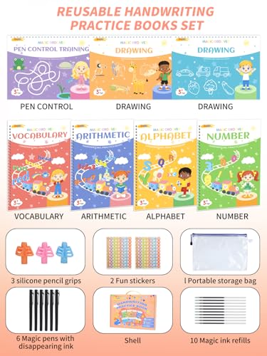 Magic Grooved Writing Practice for Kids Ages 3-8, Reusable Workbooks | Handwriting for Preschool Learning, Letters Numbers Math & Drawing Tracing Books with Disappearing Ink Pens, Educational Gift