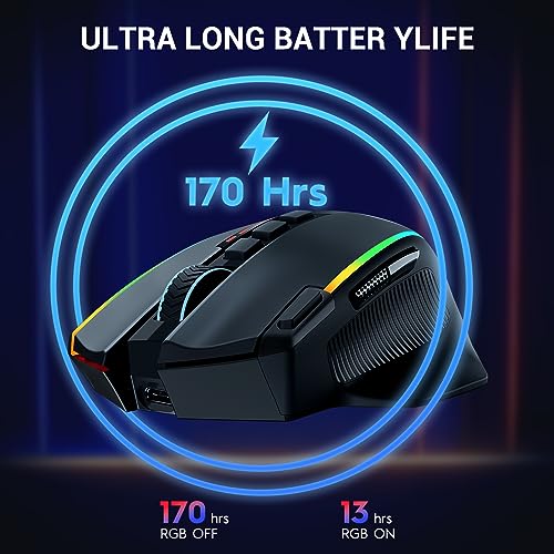Redragon Wireless Gaming Mouse, Ergonomic Mouse 16000 DPI with Rapid Fire Key, 9 Macro Buttons, 170-Hour Durable Power Capacity and RGB Backlight Wired/Wireless Mouse for Laptop/Mac/PC - color: Deep black
