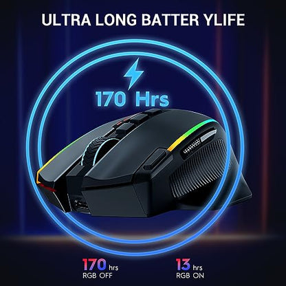 Redragon Wireless Gaming Mouse, Ergonomic Mouse 16000 DPI with Rapid Fire Key, 9 Macro Buttons, 170-Hour Durable Power Capacity and RGB Backlight Wired/Wireless Mouse for Laptop/Mac/PC - color: Deep black