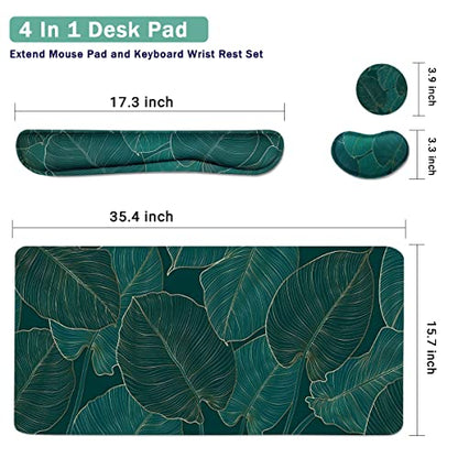 Ergonomic Large Mouse Pad and Keyboard Wrist Rest, Desk Pad for Keyboard and Mouse, 4-in-1 Large Gaming Mouse Pad with Wrist Support for Home Office Study Game-Green Leaves - color: Green Leaves