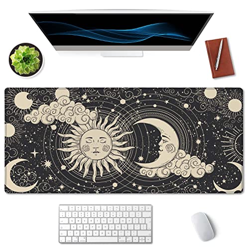 SSOIU Astrology Sun with Moon Mouse Pad 35.5 X 15.7 Inch XXL Black Full Desk Mousepad Extended Large Non-Slip Rubber Base Waterproof Big Keyboard Mat with Stitched Edges for Gaming and Office - color: Astrology Sun With Moon