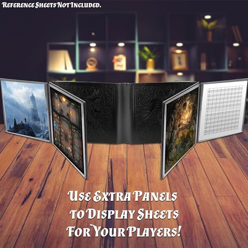 CASEMATIX DM Screen Faux Leather 12-Panel Deluxe GM Screen - Twelve Panel XL Folding Dungeon Master Screen with 4 Swinging Panels and Wet Erase Pockets for TTRPGs - Black, Inserts Not Included