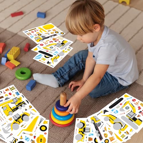 Make a Face Sticker, Make Your Own Vehicle, Truck, Excavator Stickers | 24 Sheets Construction Stickers for Toddlers, Brithday Party Supplies Classroom Teacher Reward - style: Construction Stickers