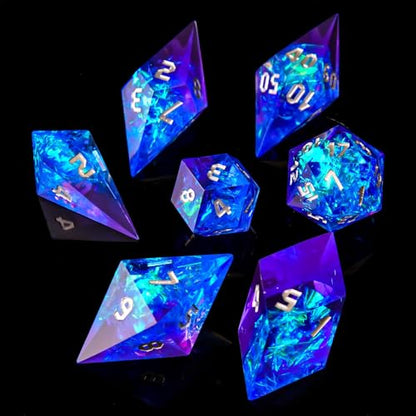 Sharp Edge DND Dice Set Flower Handmade 7 Accessories Dice for Dungeons and Dragons TTRPG Games, Multi-Sided RPG Polyhedral Resin Sharp Edge Dice Roleplaying Games（Blue Purple） - color: Blue Purple