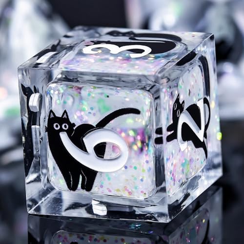 WizardsAracanum Cat Liquid Quicksand DND Dice Set Resin 7Pcs Dice DND with an Iron Box for DND COC Role Playing dice Games and Board Games Gift (Glitter Rainbow Black Cat) - color: Rainbow Giltter Black Cat