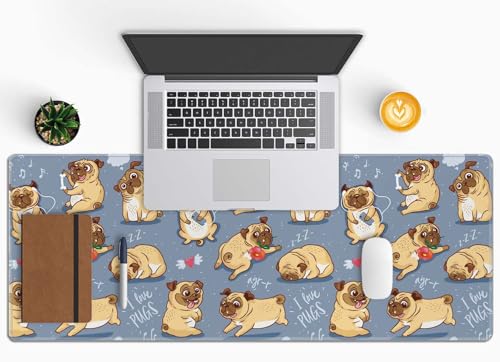 Gaming Mouse Pad Large,Cartoon Pug Pupies Mouse Pad Gaming Mouse Mat Desk Pad,31.5 x 11.8 Desk Mat Mouse Pads for Desk,Extended Keyboard Mousepad with Non-Slip Base and Stitched Edge - color: Cartoon Pug Pupies