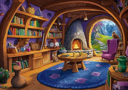 Fantasy Wizard Library 1000 Piece Puzzles for Adults, Cozy Treehouse Reading Room Jigsaw Puzzle with Letter on Back & Reference Poster, 1000 Piece Puzzles for Family Game Night Gift for Book Lovers - color: Fantasy Library