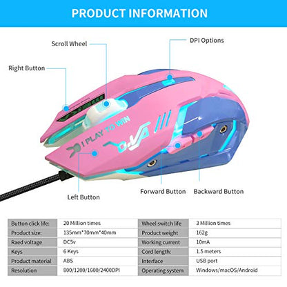 HXMJ Pink Wired USB Computer Mouse,7 Colors Backlit,Silent Buttons for MacBook,Computer PC,Laptop - color: Pink