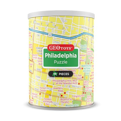 Geotoys Philadelphia Mini City Puzzle - 100 Piece Puzzles for Kids and Adults in Portable Can, 13" x 10" Educational Travel Puzzle for Ages 7 and Up - Mini Puzzles to Learn & Explore Geography - style: Philadelphia