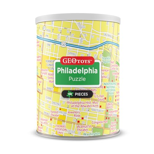 Geotoys Philadelphia Mini City Puzzle - 100 Piece Puzzles for Kids and Adults in Portable Can, 13" x 10" Educational Travel Puzzle for Ages 7 and Up - Mini Puzzles to Learn & Explore Geography - style: Philadelphia