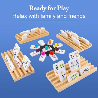 Mexican Train Dominoes Set Double 12 with Numbers, Dominoes Set for Adults and Family, Mexican Train Double 12 Numbers Dominos Set - 91 Tiles, 9 Trains, 8PCS Wooden Holders, Hub, Instruction - color: D12 Numbers 8 Holders