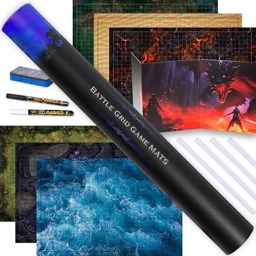 TIDYBOSS Dungeons and Dragons Expansion Set | 3 X Double Sides 24"x 36" Game Grid Mat | 6 Terrains with Lava, Sea, Forest, Cave, Swamp and Desert | Includes Dry Erase Markers, Eraser, Dice, Clips and
