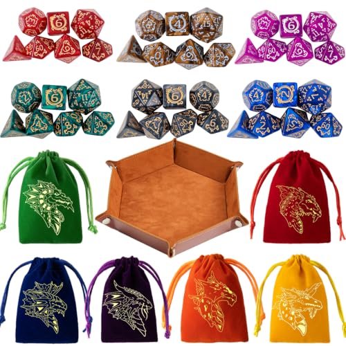 DND Dice Set 42 Pcs Polyhedral Dungeons and Dragons Rolling Dice for D&D RPG MTG Table Games Dice Bulk with Colorful Drawstring Bags and Dice Tray (Dragon) - color: Dragon