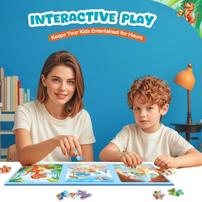 Magnetic Jigsaw Puzzles for Toddlers Kids 3-8 Boys,(3 36-Pieces) Travel Puzzles Toys for Kids Ages 4-6,Take-Along Car Airplane Road Trip Activities Game for 3 4 5 6 7 8 Year Old Birthday Gift - style: Dinosaur
