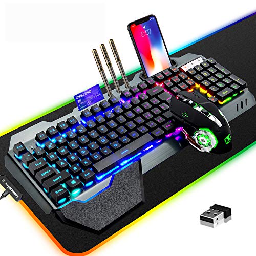 Wireless Gaming Keyboard Mouse & Mouse Pad Kit,3 in 1 RGB Backlit Rechargeable Keyboard Mouse with 3800mAh Battery Metal Panel Removable Hand Rest,RGB Gaming Mousepad(32.5x12inch),Gaming Mouse - color: RGB