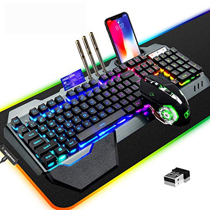Wireless Gaming Keyboard Mouse & Mouse Pad Kit,3 in 1 RGB Backlit Rechargeable Keyboard Mouse with 3800mAh Battery Metal Panel Removable Hand Rest,RGB Gaming Mousepad(32.5x12inch),Gaming Mouse - color: RGB