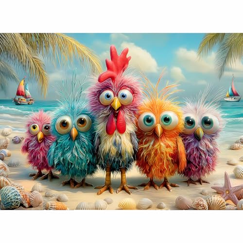Puzzles for Adults 500 Pieces, Chicken Jigsaw Puzzles - Beach Bunch, Impossible Beach Puzzles for Seniors Family, 20.47x14.96 inches, 1:1 Poster, Letter on The Back