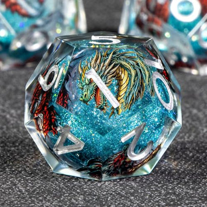 KERWELLSI Liquid Core Dragons Pattern Dice, Resin DND Dice Set with Gift Box, Blue Sharp Edged Dungeons D&D Dice, Role Playing Game Dice D20 D12 D10 D8 D6 D4 - color: Blue