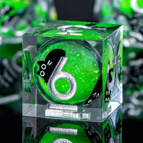 Roycevon Resin DND Dice Set with Gift Box, 7Pcs Liquid Core Cat D&D Dice, Cute Dungeons Dragons D and D Dice, Sharp Edge Role Playing Game Dice D20 D12 D10 D8 D6 D4, Green - color: Green
