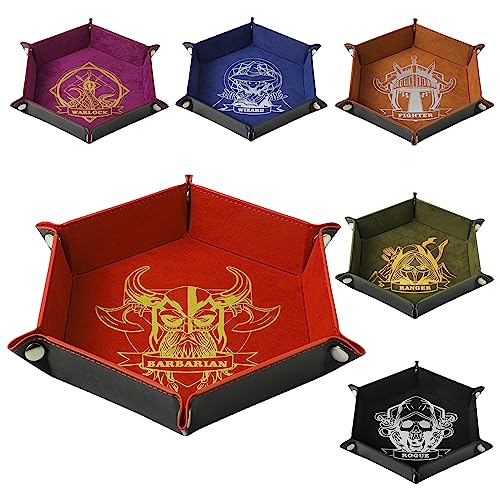 Grajar 6 Pcs DND Dice Tray with Characters Pattern for RPG D&D Table Games - Folding PU Leather and Velvet Rolling Holder Storage Box - color: Character Series 2