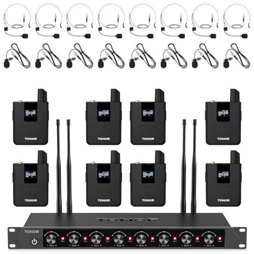 TONOR Wireless Microphones System with 8x12 Channels Headset/Lavalier Lapel Mics, Bodypack Transmitter, Receiver, 90 m/295ft UHF Range for Church Conference Performance Singing Karaoke PA Speaker - style: 8 Bodypack Mics