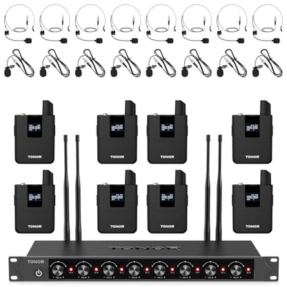 TONOR Wireless Microphones System with 8x12 Channels Headset/Lavalier Lapel Mics, Bodypack Transmitter, Receiver, 90 m/295ft UHF Range for Church Conference Performance Singing Karaoke PA Speaker - style: 8 Bodypack Mics