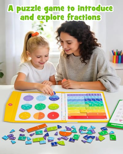 D-FantiX Large Magnetic Fraction Book, Magnetic Fraction Tiles & Fraction Circles Set with Dry Erase Activity Card, Montessori Fraction Manipulatives Learning Toys for Kids