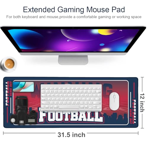 Football Desk Mat, Large Stitched Edges Gaming Mouse Pad, Blue Red City Design Keyboard Mat for Laptop Computer Desktop - 31.5x12 Inch for Football Fans - color: Blue Red Football