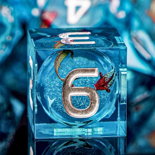 ARUOHHA Liquid Core DND Dice Set, 7pcs Resin Blue Sharp Edged Dragons Dice Compatible with D&D Role Playing Games, Handmade RPG Koi Fish Dungeons Polyhedral Dice Set D20 D12 D10 D8 D6 D4 - color: Hy-blue
