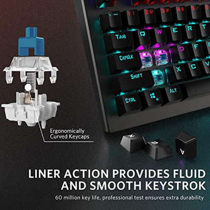Mechanical Gaming Keyboard, Wired RGB Rainbow Backlit with Blue Switches, Ergonomic Standard Keyboard for PC Gaming