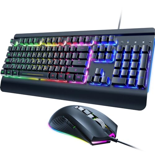 Wired Gaming Combo, 104 Keys, Rainbow Backlit, 4200 DPI, for PC/Mac/Xbox | Wired Gaming Keyboard Mouse All-metal Panel, Multimedia Keys, Wrist Rest, Perfect for Windows PC Gamers Dacoity - color: Metallic