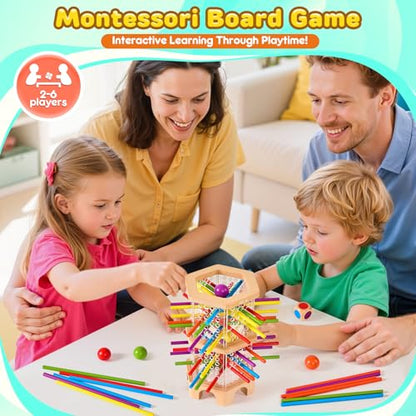 Montessori Wooden Board Game with 42 Sticks & Dice for Kids Ages 3-6 | Math Learning Toys Fine Motor Skills & Counting Educational Toy, Family Travel Game Birthday Gifts for Boys Girls