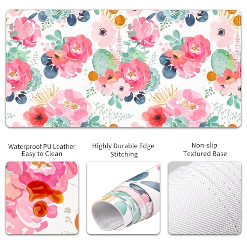 QIYI PU Leather Desk Mat Set, 4-in-1 Ergonomic Wrist Rest, Pink Flowers | Waterproof Large Mouse Pad 31.5×15.7 + Keyboard Wrist Rest + Mouse Wrist Support+Coaster, Non-Slip Office Gaming Accessories - color: Watercolor Pink Flowers