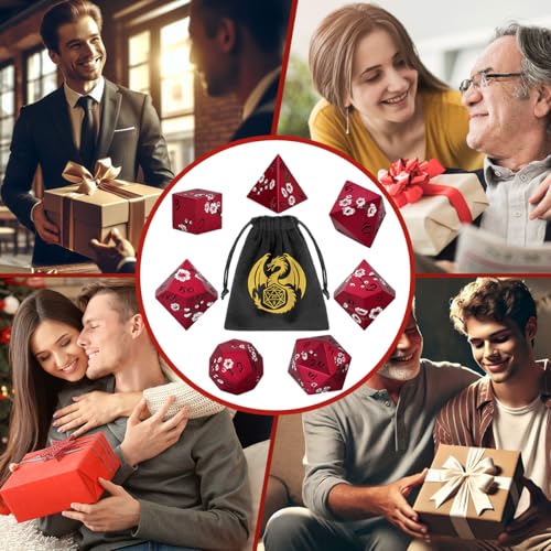 Metal Dice Set, Flat Face Red Plum Blossom Pattern, 7pcs Polyhedral Metal DND Dice Set, DND Starter Set, D&D Gifts with Gift Bag, Role Playing Board Games Accessories, Red - color: Red With Gift Bag